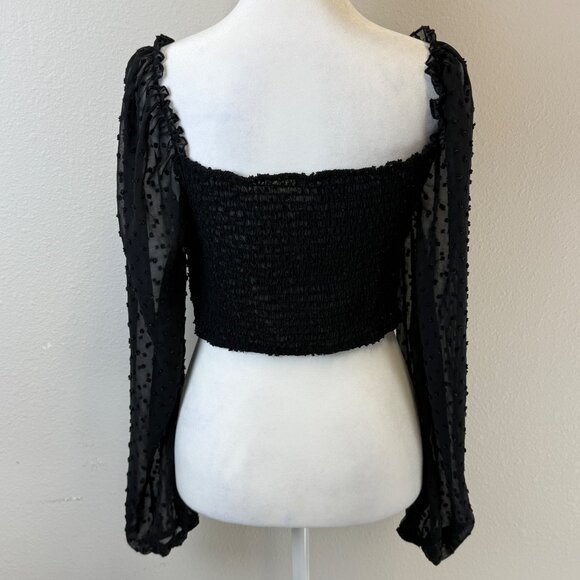 Sheer Mesh Black Polka Dot Sleeved Smocked Back Crop Top Babydoll Gothcore - Picture 6 of 12